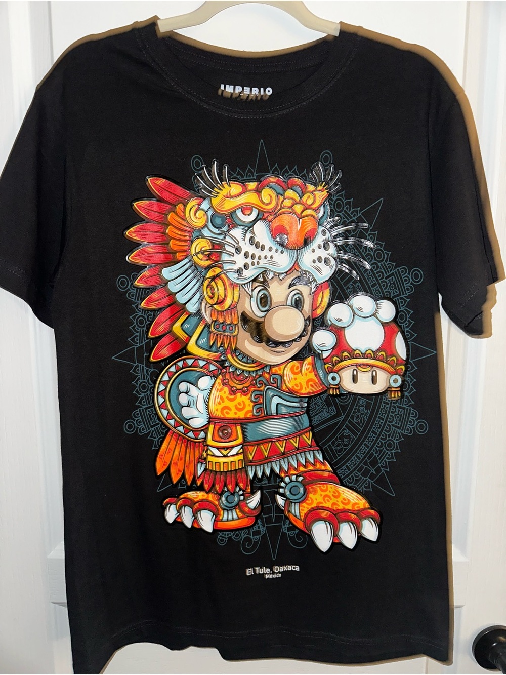Imperio Black Graphic Tee with Colorful Aztec Mario Design